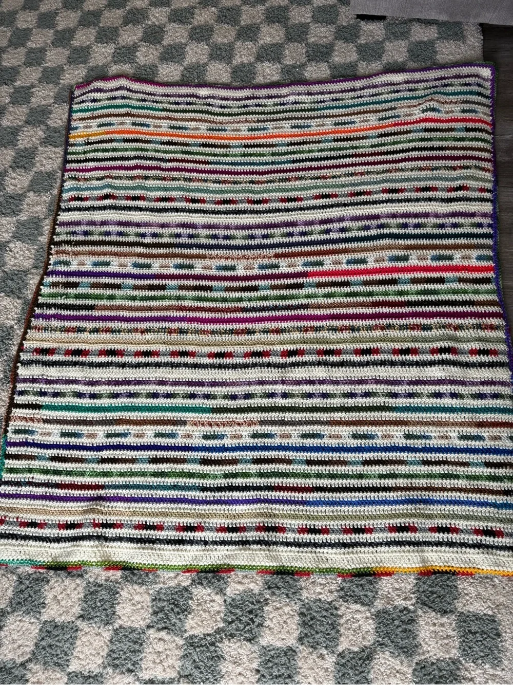 VTG Handmade Crochet Granny Square Afghan Blanket Throw Multi Color Boho Retro